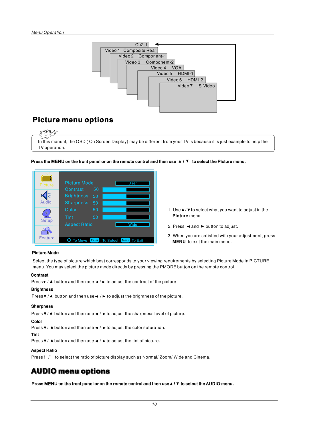 Radio Shack P26LCD manual Picture Mode, Contrast Brightness Sharpness Color Tint Aspect Ratio 