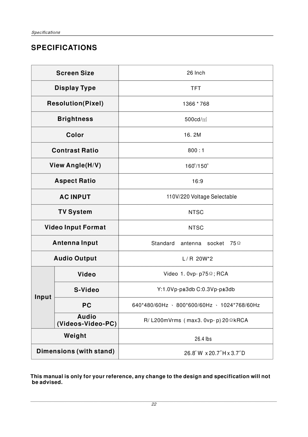 Radio Shack P26LCD manual Specifications 