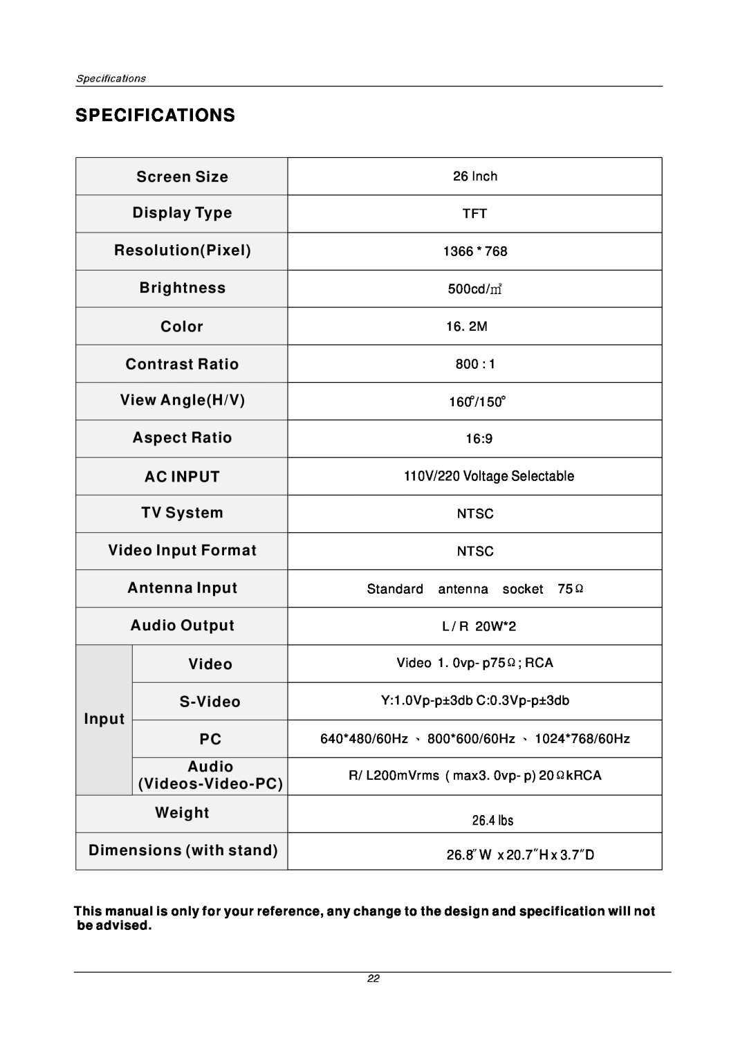 Radio Shack P26LCD manual Specifications 