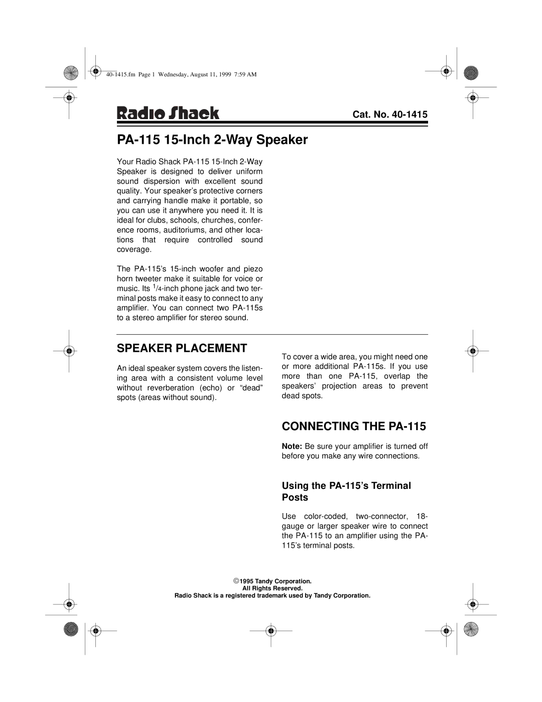 Radio Shack manual Speaker Placement, Connecting the PA-115, Cat. No, Using the PA-115’s Terminal Posts 