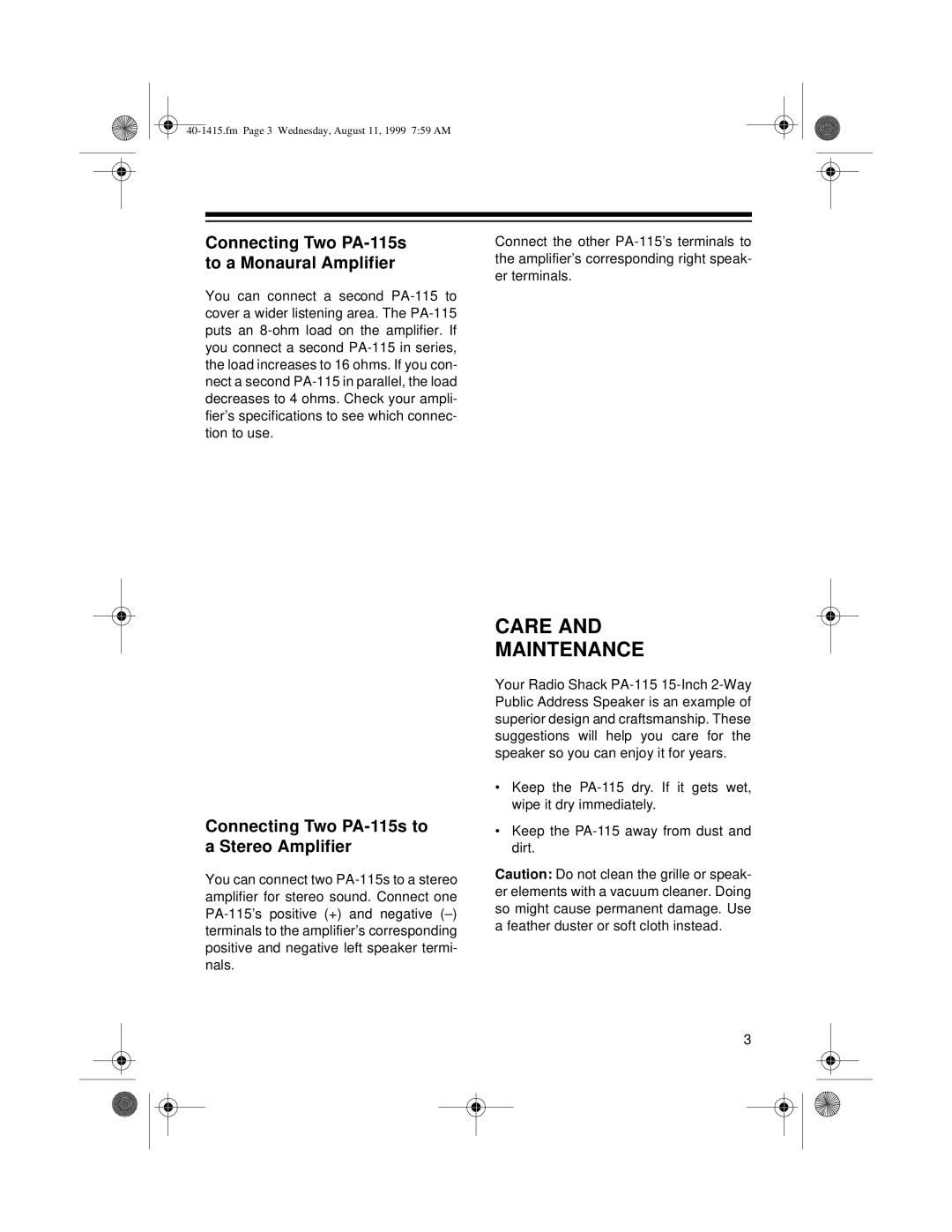 Radio Shack manual Care Maintenance, Connecting Two PA-115s to a Monaural Amplifier 