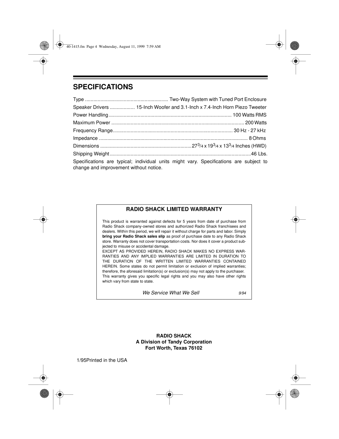 Radio Shack PA-115 manual Specifications, Radio Shack Limited Warranty 