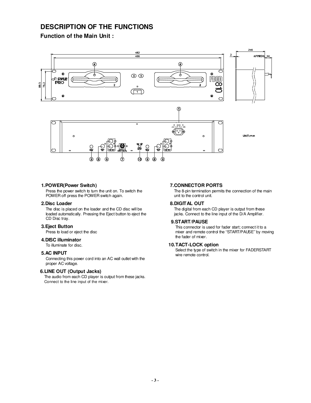 Radio Shack PDCD810 manual Description of the Functions, Connector Ports, AC Input, Digital OUT, Start/Pause 