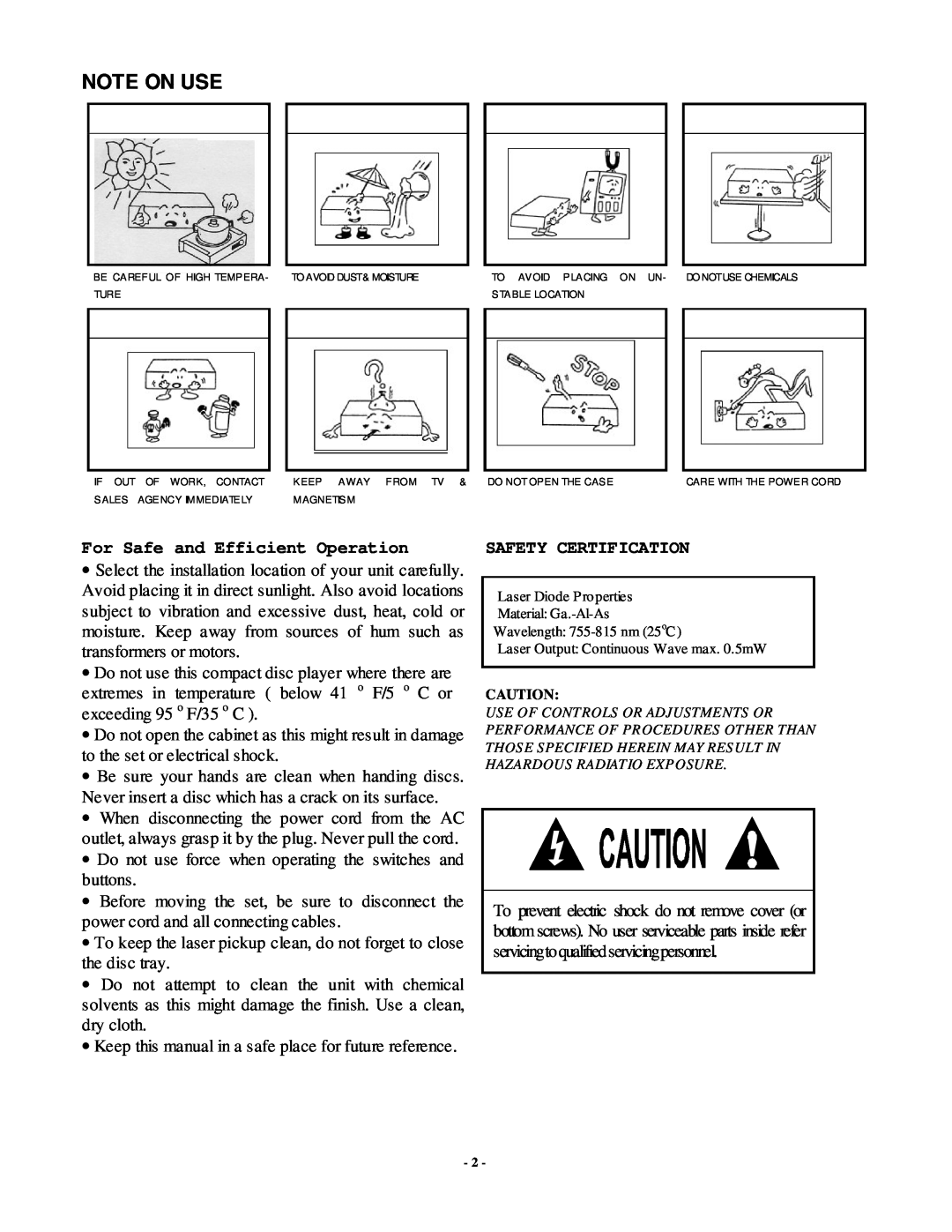 Radio Shack PDCD810 manual Note On Use, For Safe and Efficient Operation, Safety Certification 
