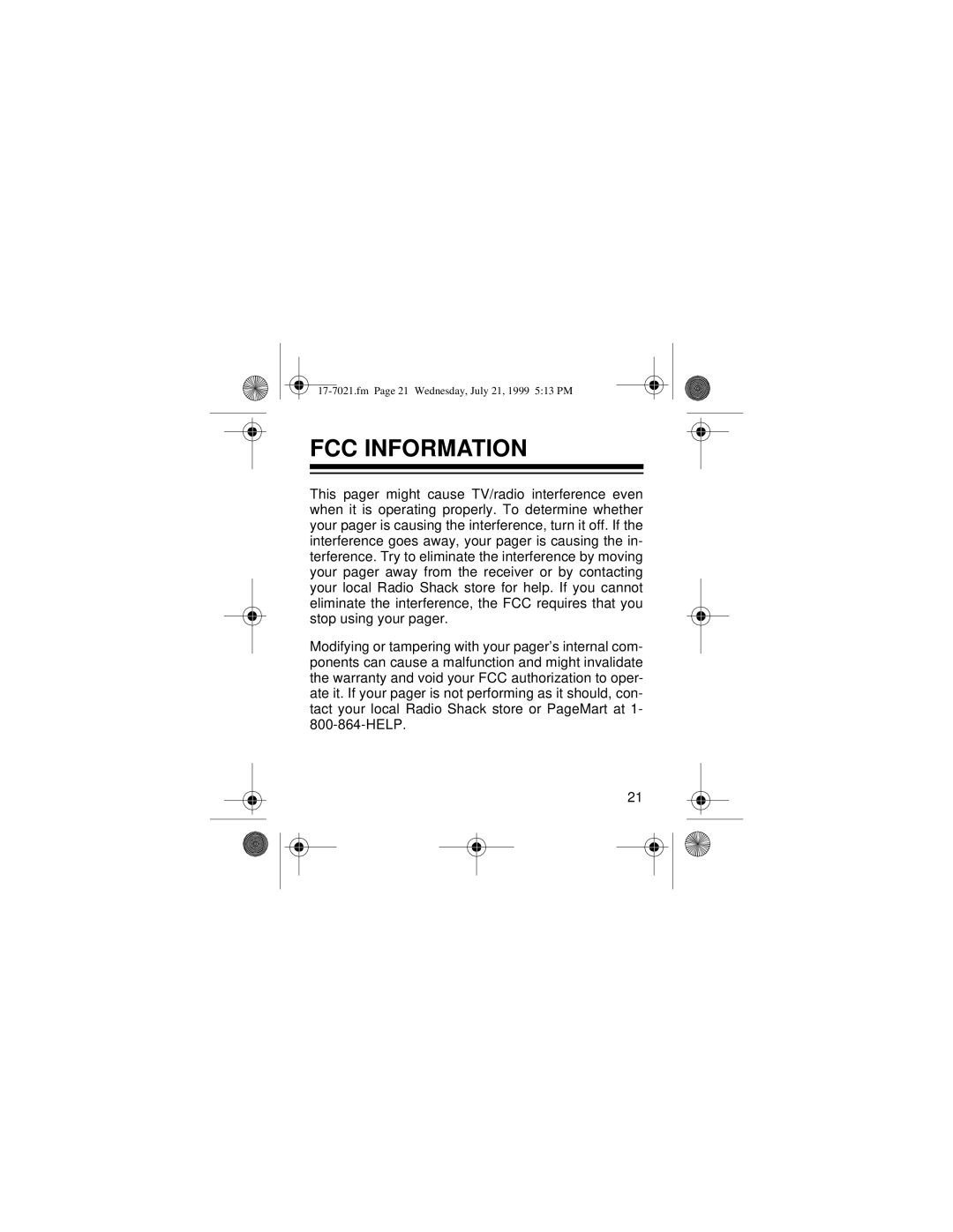 Radio Shack PG 202 owner manual FCC Information 