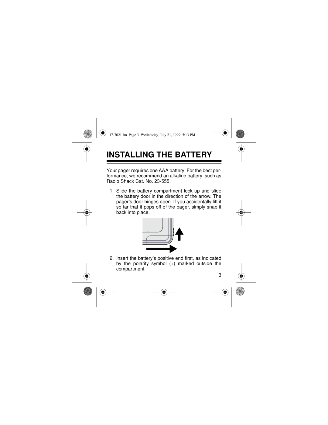 Radio Shack PG 202 owner manual Installing the Battery 