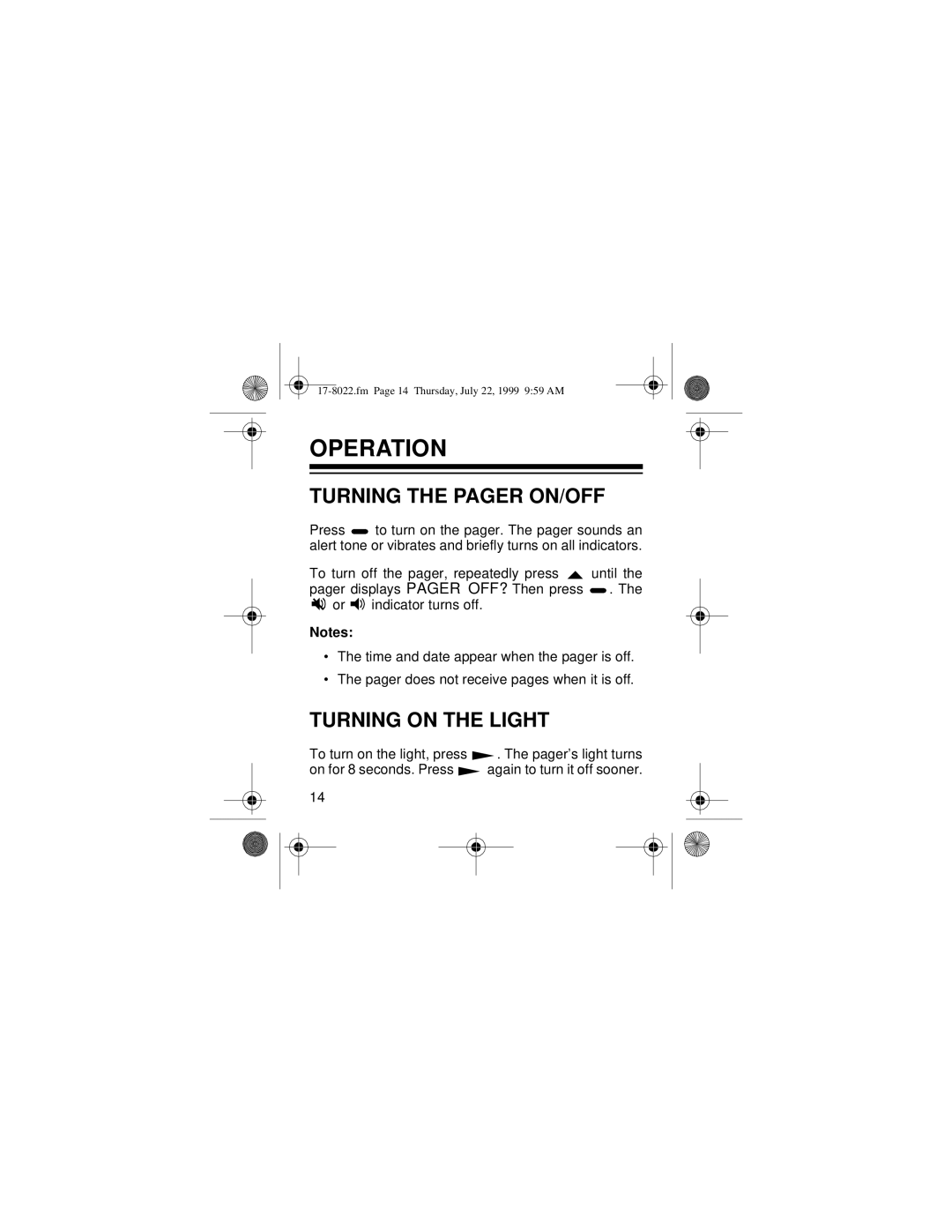 Radio Shack PGL-302 owner manual Operation, Turning the Pager ON/OFF, Turning on the Light 