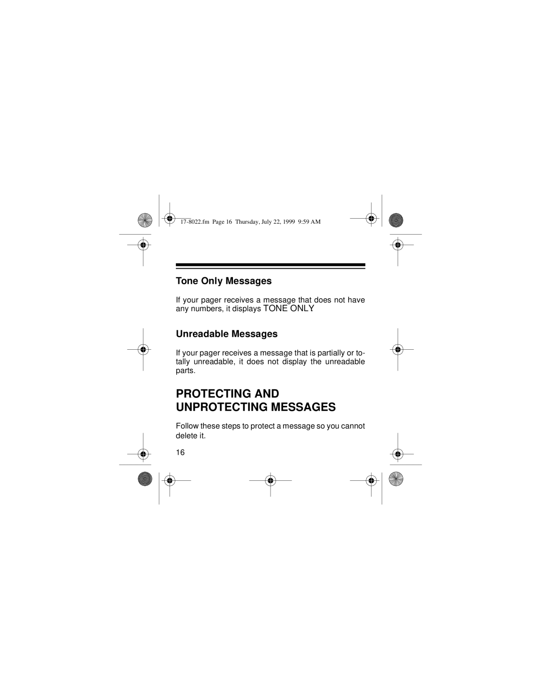 Radio Shack PGL-302 owner manual Protecting and Unprotecting Messages, Tone Only Messages, Unreadable Messages 