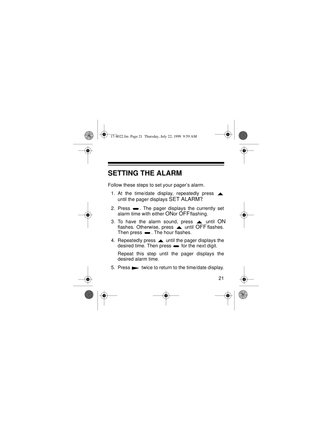 Radio Shack PGL-302 owner manual Setting the Alarm 