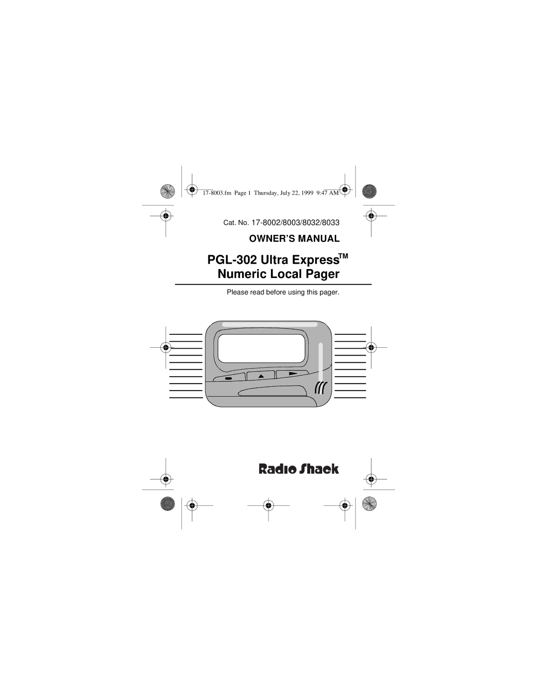 Radio Shack owner manual PGL-302 Ultra ExpressTM Numeric Local Pager 