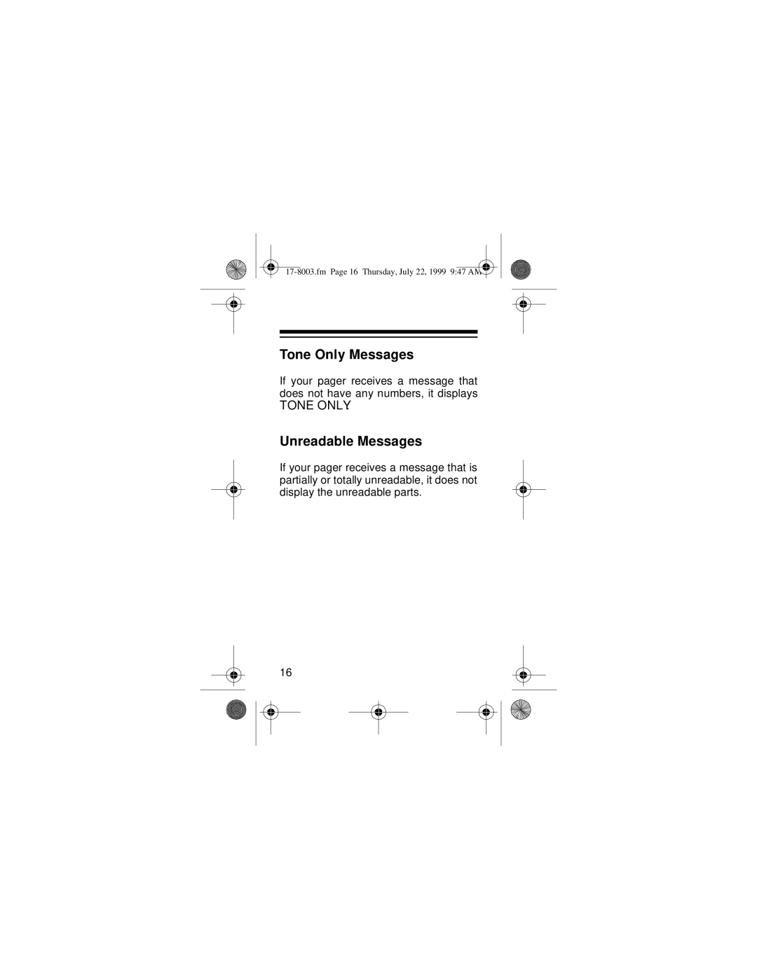 Radio Shack PGL-302 owner manual Tone Only Messages, Unreadable Messages 