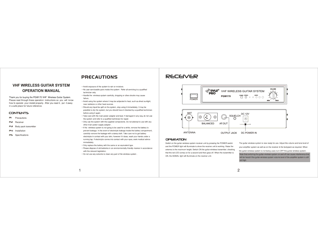 Radio Shack PGW170 instruction manual VHF Wireless Guitar System 