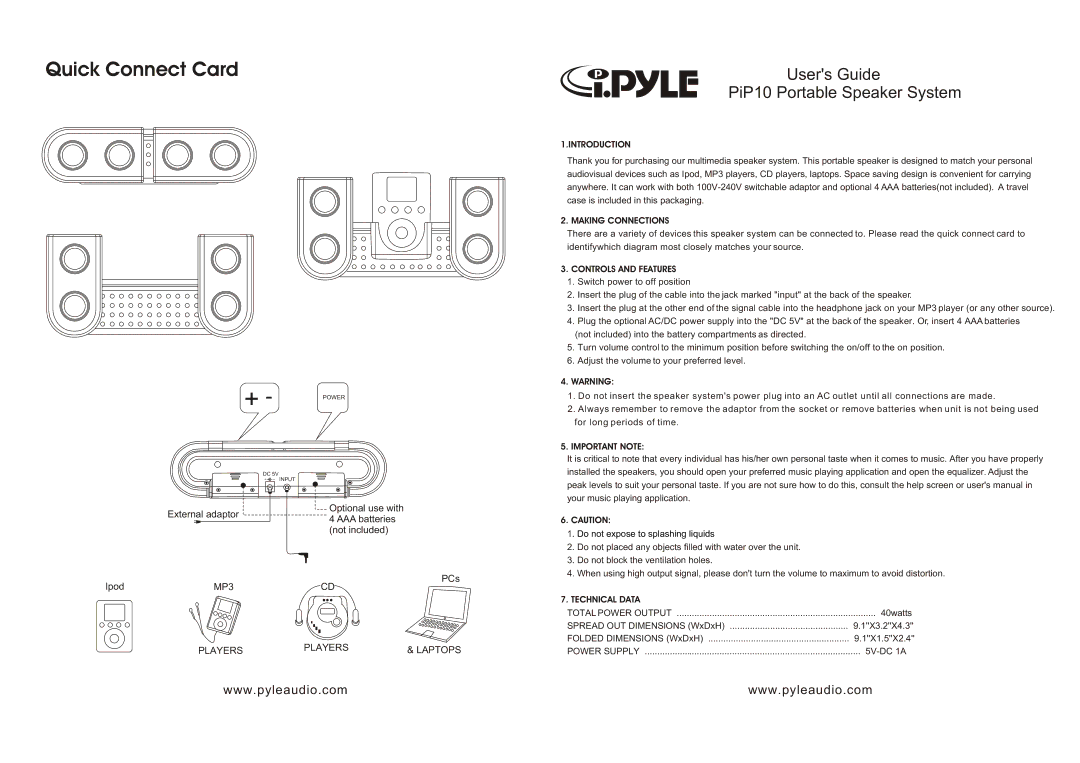 Radio Shack PIP10 dimensions Quick Connect Card, Users Guide PiP10 Portable Speaker System, MP3 Players Laptops 