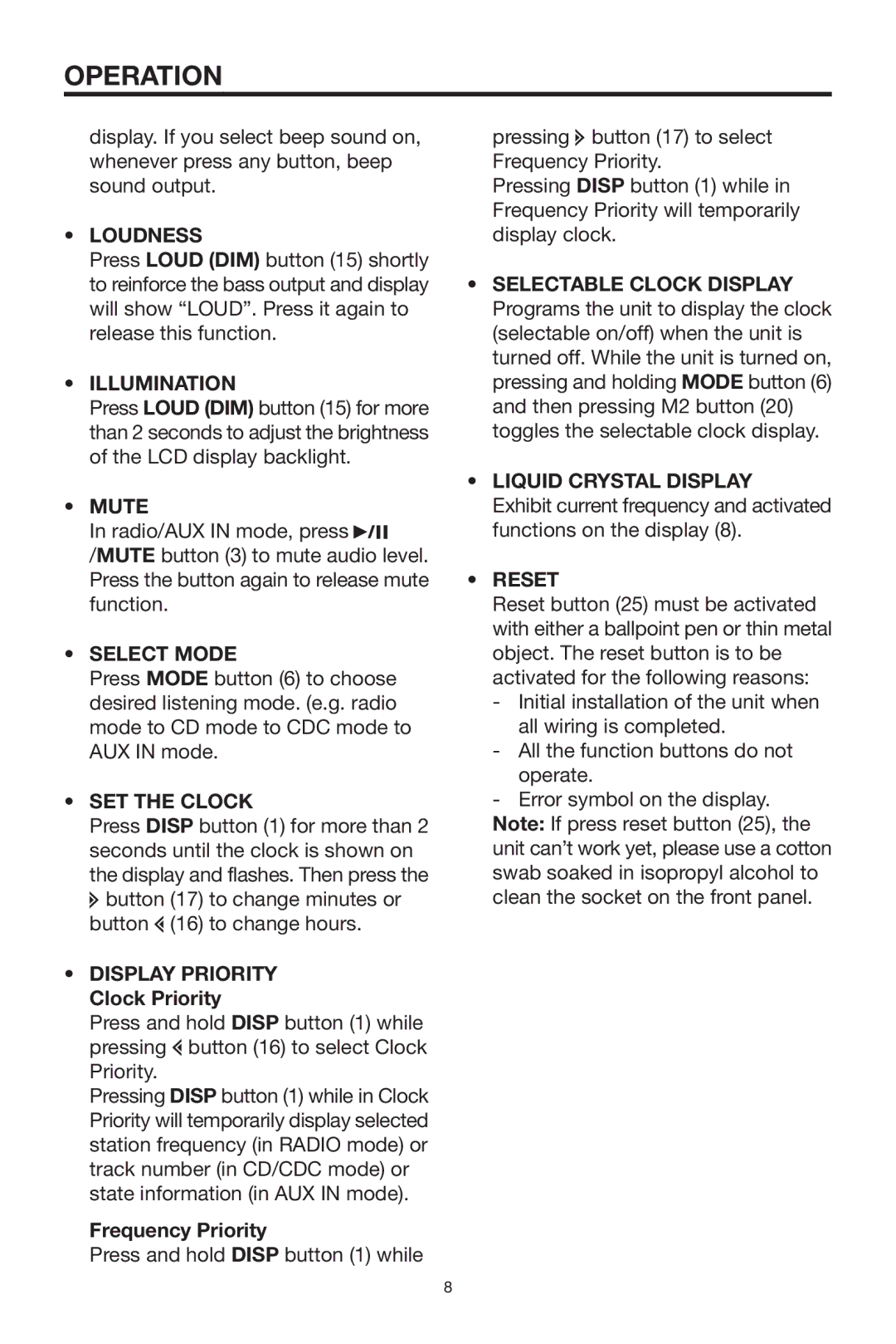 Radio Shack PLCD15MR owner manual Loudness, Illumination, Mute, Select Mode, SET the Clock, Liquid Crystal Display, Reset 