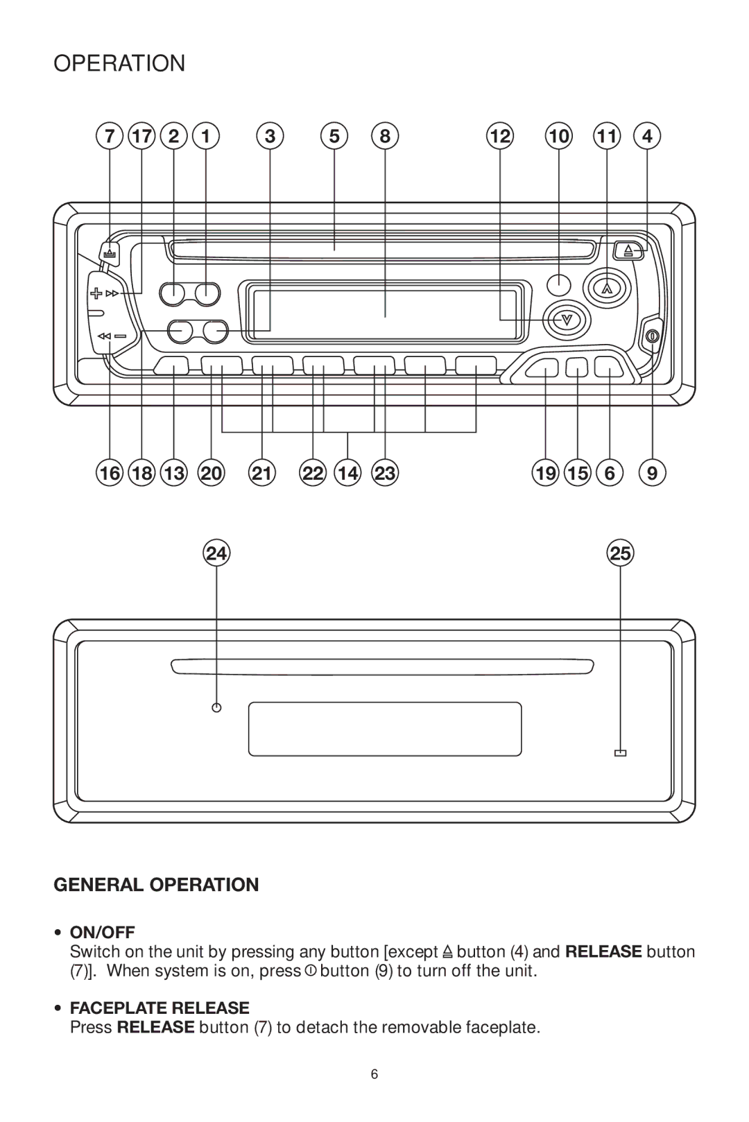 Radio Shack PLCD32 owner manual General Operation, On/Off, Faceplate Release 