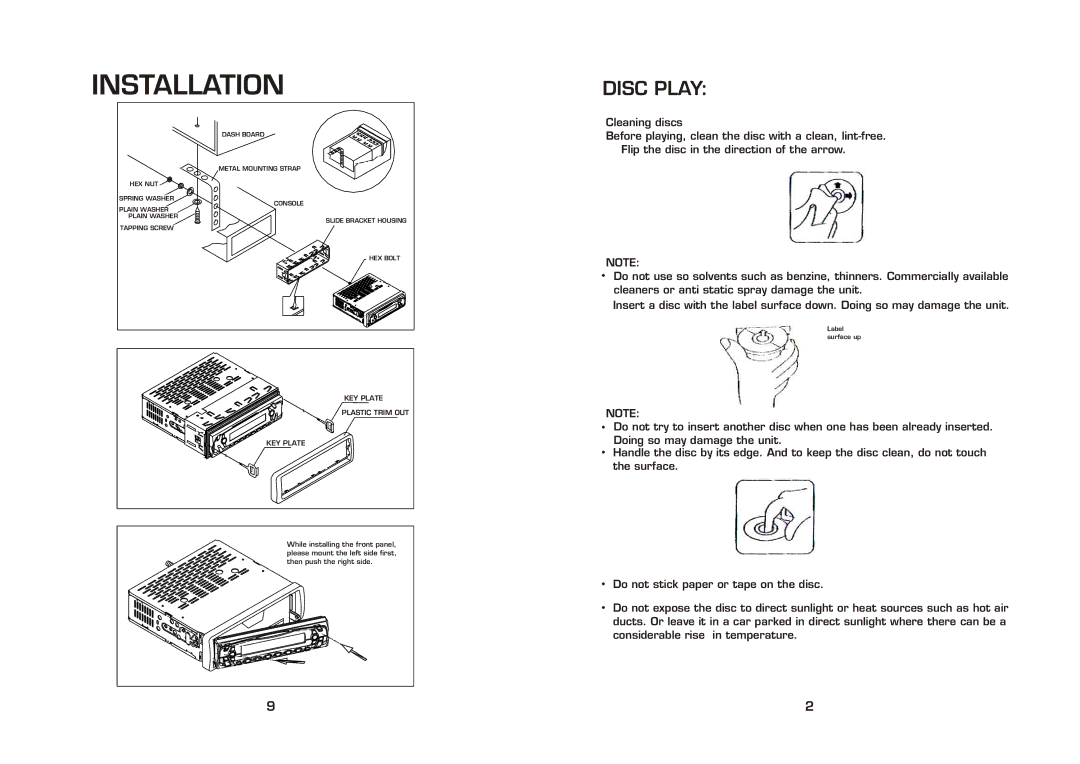 Radio Shack PLCD34 instruction manual Installation, Disc Play 