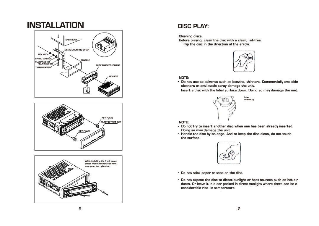 Radio Shack PLCD34 instruction manual Disc Play, Installation 