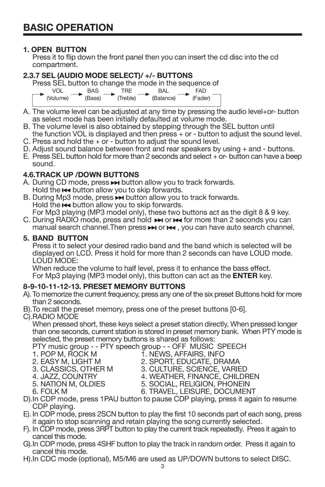 Radio Shack PLCD35 instruction manual Open Button, SEL Audio Mode SELECT/ +/- Buttons, Track UP /DOWN Buttons, Band Button 