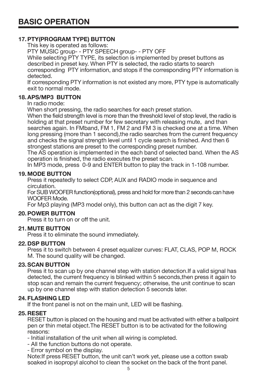 Radio Shack PLCD35 instruction manual Mode Button, Power Button, Mute Button, DSP Button, Scan Button, Flashing LED, Reset 