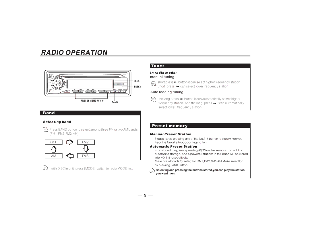 Radio Shack PLCD41MP manual Tuner, Band, Preset memor y, Manual tuning, Auto loading tuning 