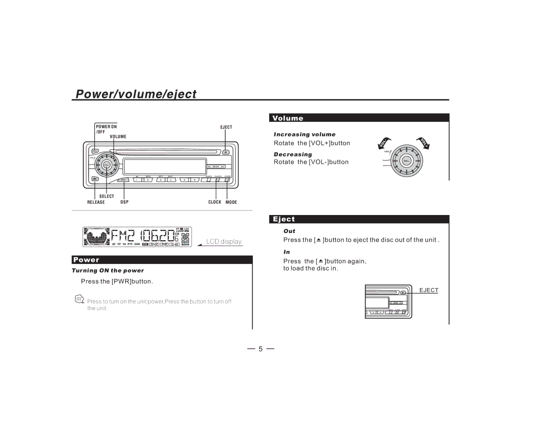 Radio Shack PLCD41MP manual Power, Volume, Eject, LCD display 