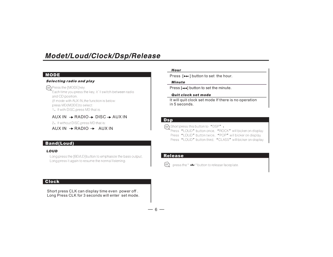 Radio Shack PLCD41MP manual BandLoud, Clock, Dsp, Release 