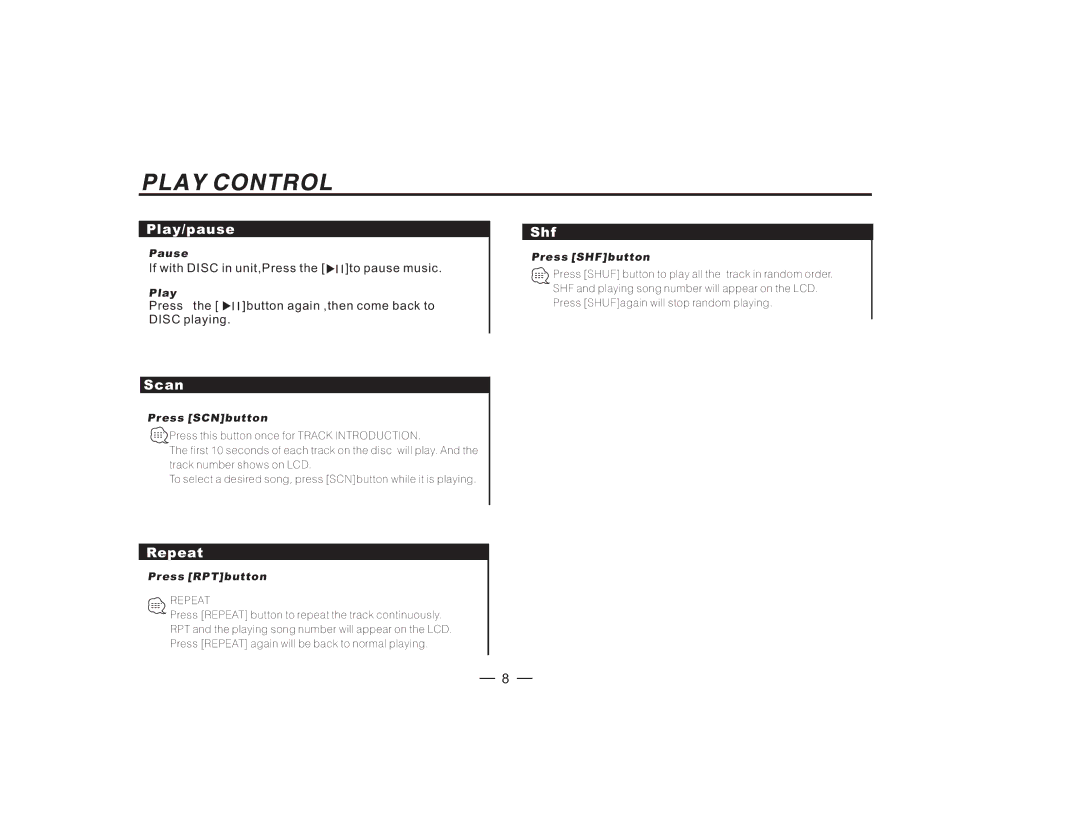 Radio Shack PLCD41MP manual Play/pause, Scan, Repeat, Shf 