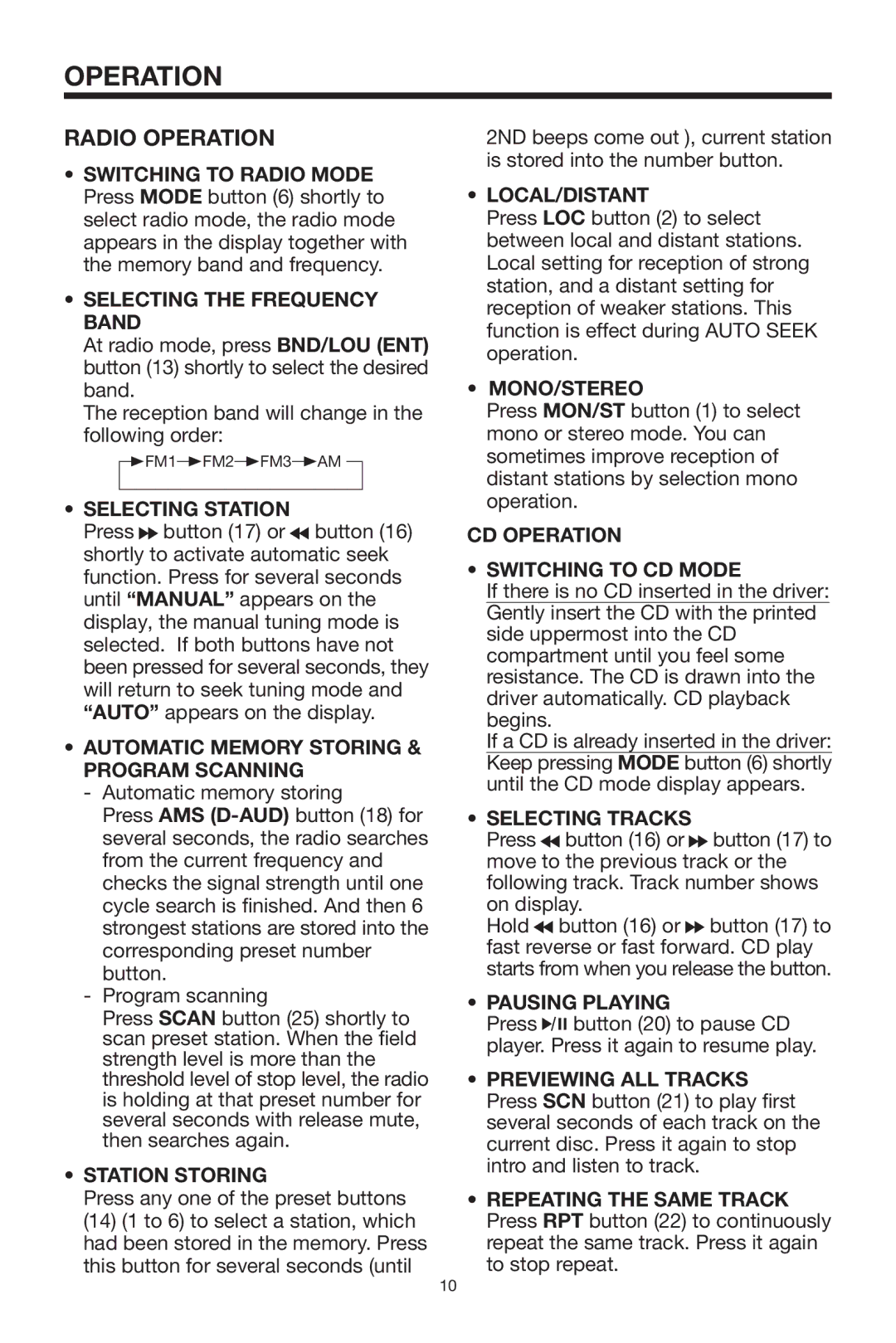 Radio Shack PLCD9MR owner manual Radio Operation 