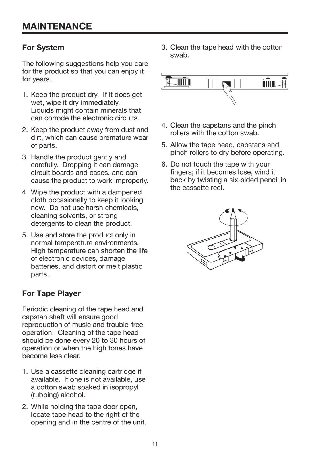 Radio Shack PLCDCS 200 owner manual Maintenance, For System, For Tape Player 