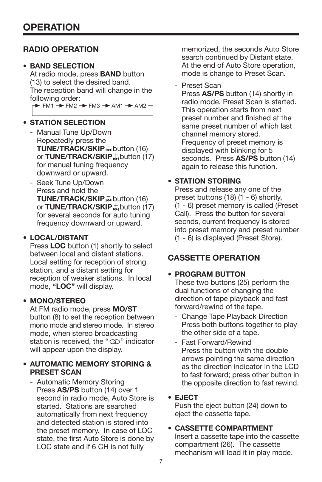 Radio Shack PLCDCS 200 owner manual Radio Operation, Cassette Operation 