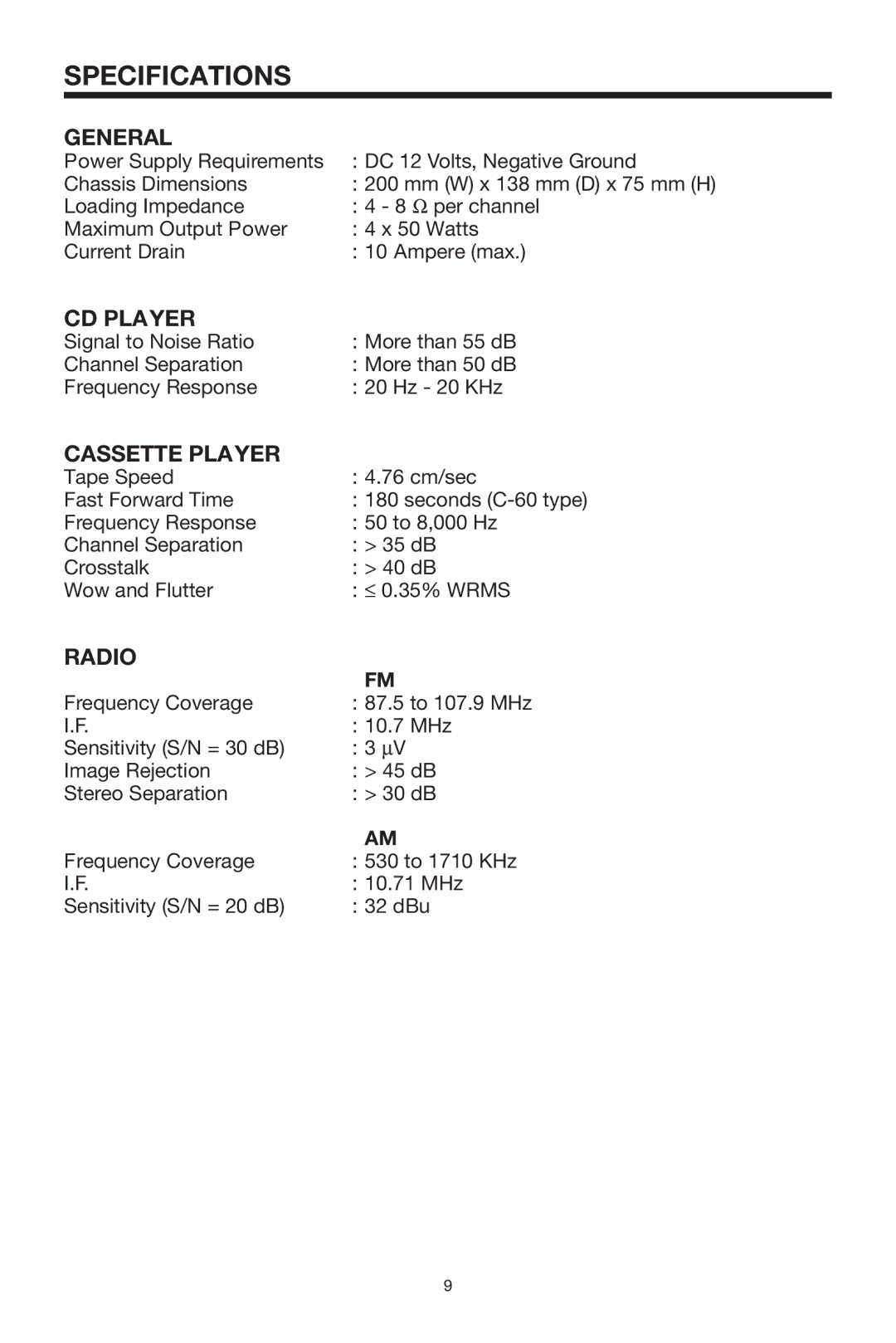 Radio Shack PLCDCS 200 owner manual Specifications, General, CD Player, Cassette Player, Radio 