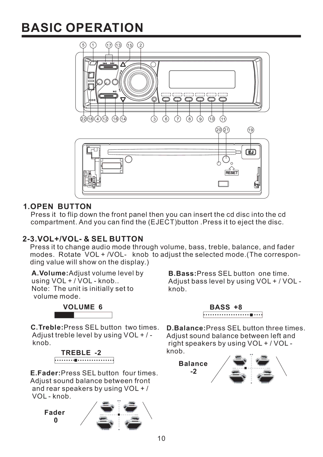 Radio Shack PLD187V owner manual Basic Operation, Open Button, VOL+/VOL- & SEL Button, Fader, Balance 