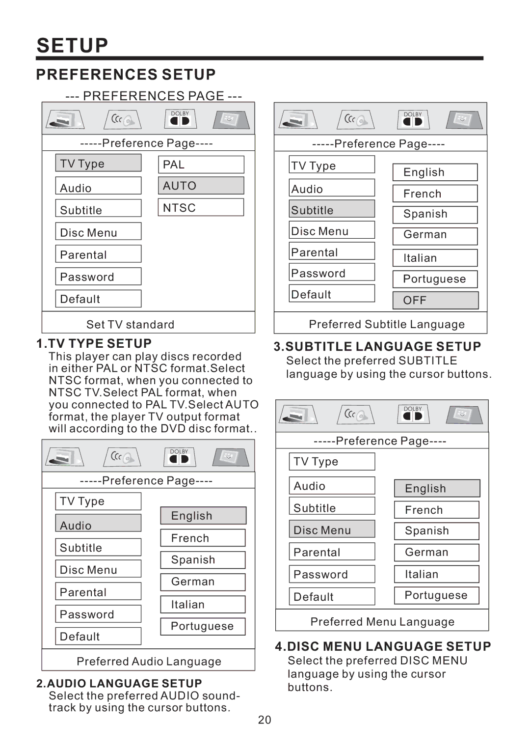 Radio Shack PLD187V owner manual Preferences, TV Type Setup, Subtitle Language Setup, Disc Menu Language Setup 