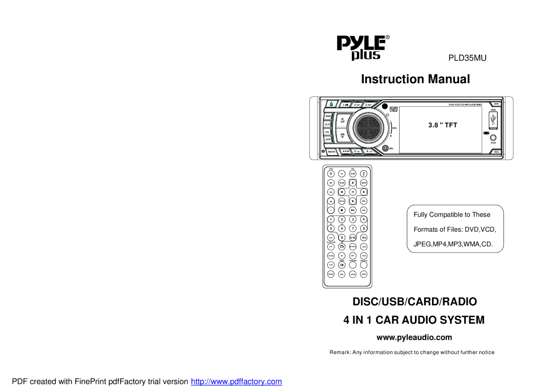 Radio Shack PLD35MU instruction manual DISC/USB/CARD/RADIO 1 CAR Audio System 