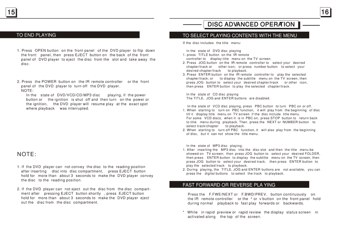 Radio Shack PLDVD188 To END Playing, To Select Playing Contents with the Menu, Fast Forward or Reverse Playing 