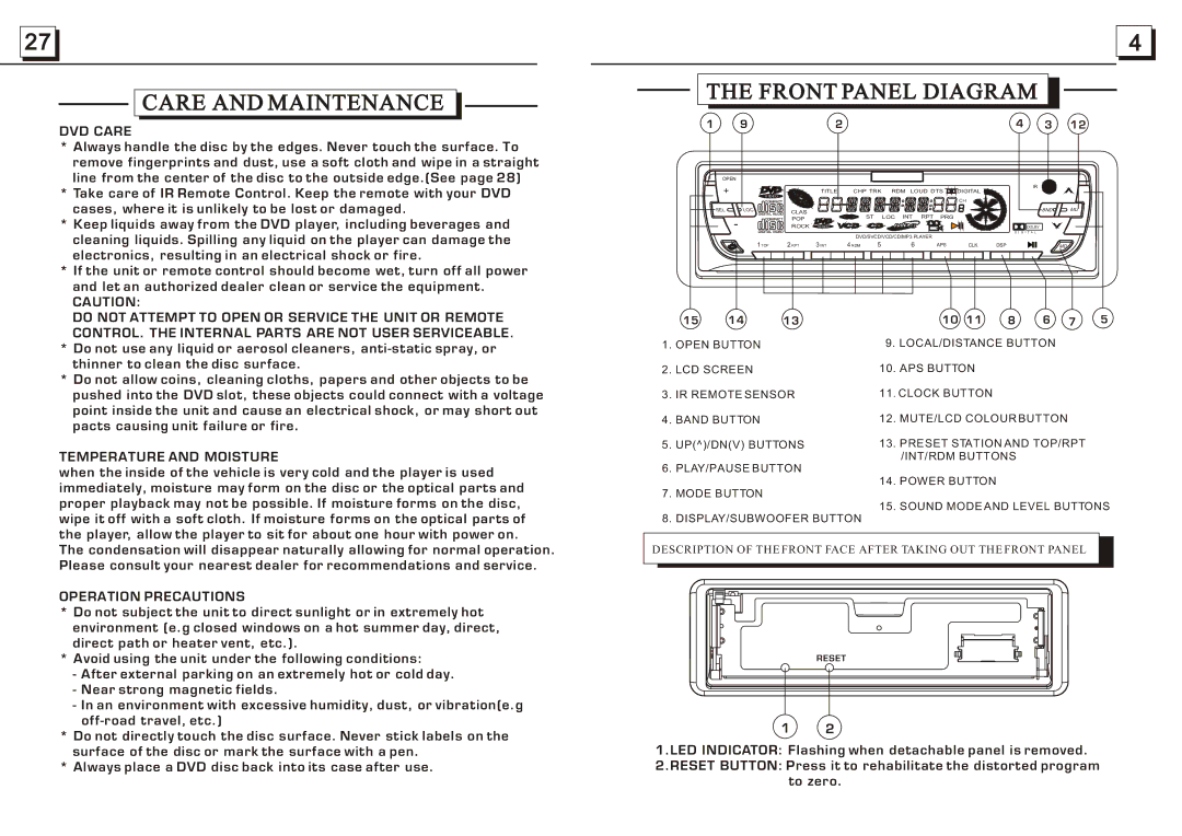 Radio Shack PLDVD188 Care and Maintenance, Front Panel Diagram, DVD Care, Temperature and Moisture, Operation Precautions 