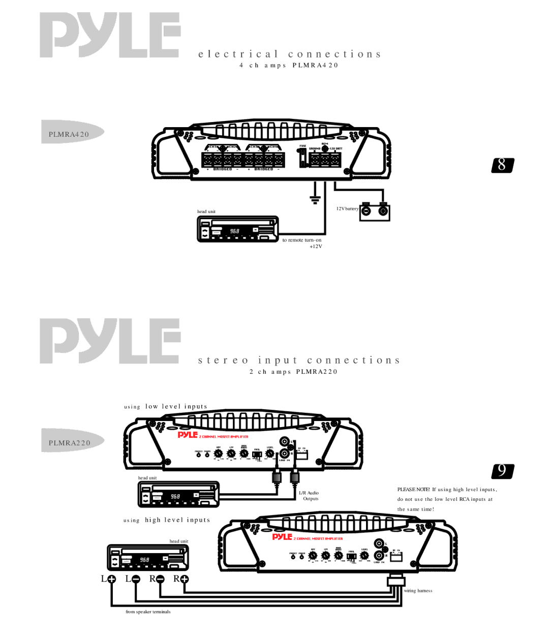 Radio Shack PLMRA420 warranty E c t r i c a l c o n n e c t i o n s, E r e o 2 ic hnapm pus tP L McRoA 2n2 0n e c t i o n s 