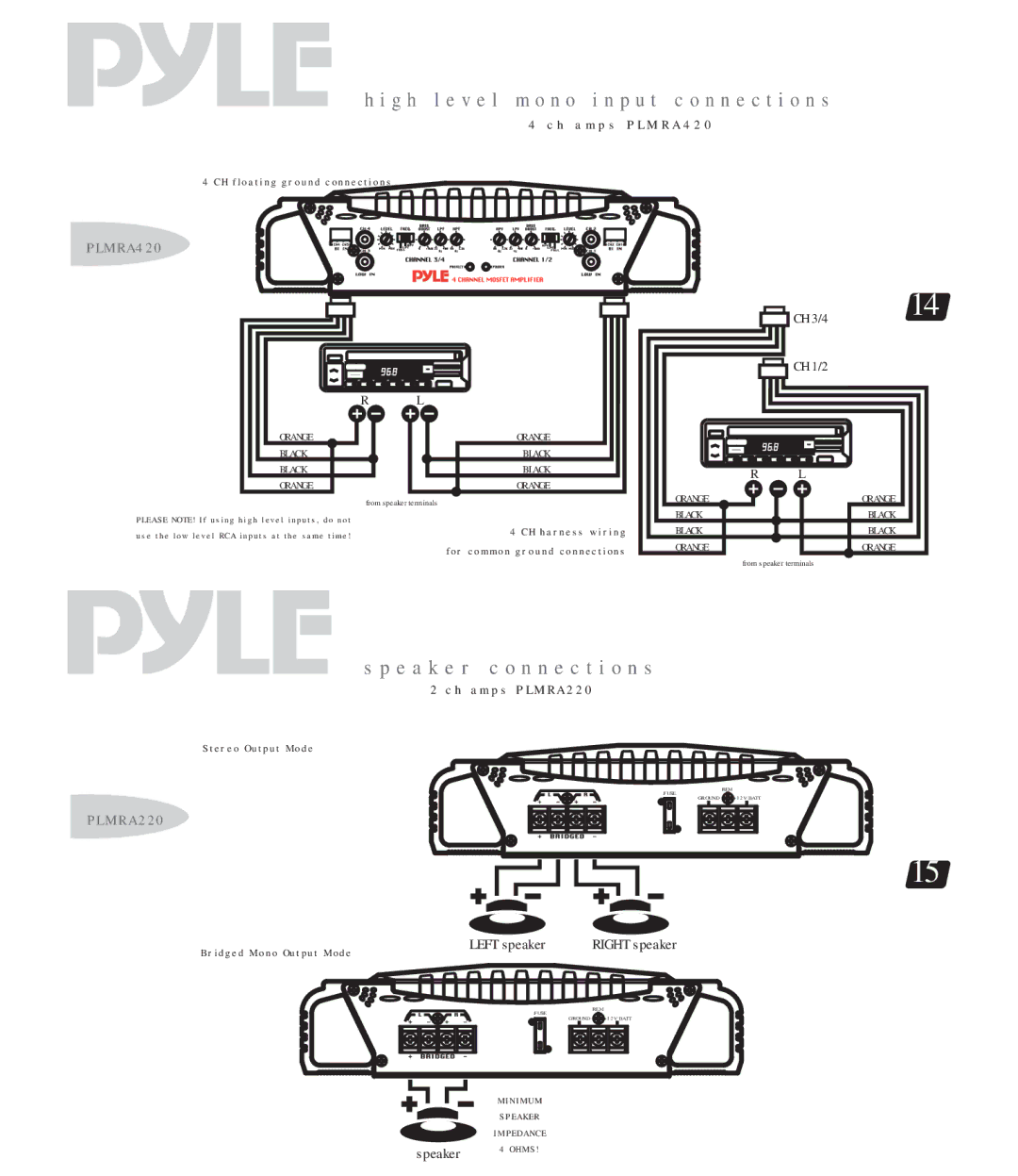 Radio Shack PLMRA420 warranty G h l e v e l m o n o i n p u t c o n n e c t i o n s, E a k e r c o n n e c t i o n s 