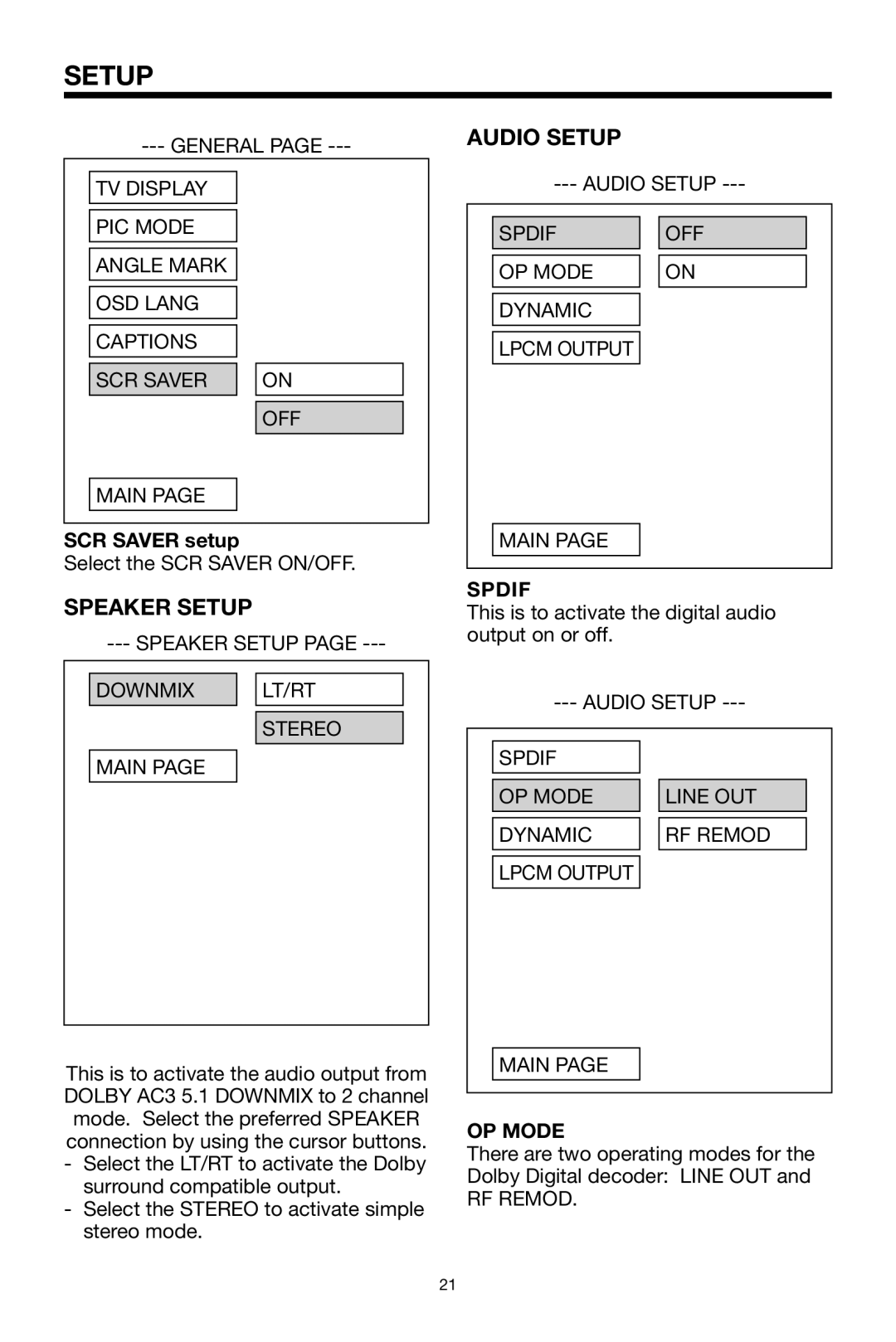 Radio Shack PLRDVD7 owner manual Speaker Setup, Audio Setup, SCR Saver setup, Spdif, OP Mode 