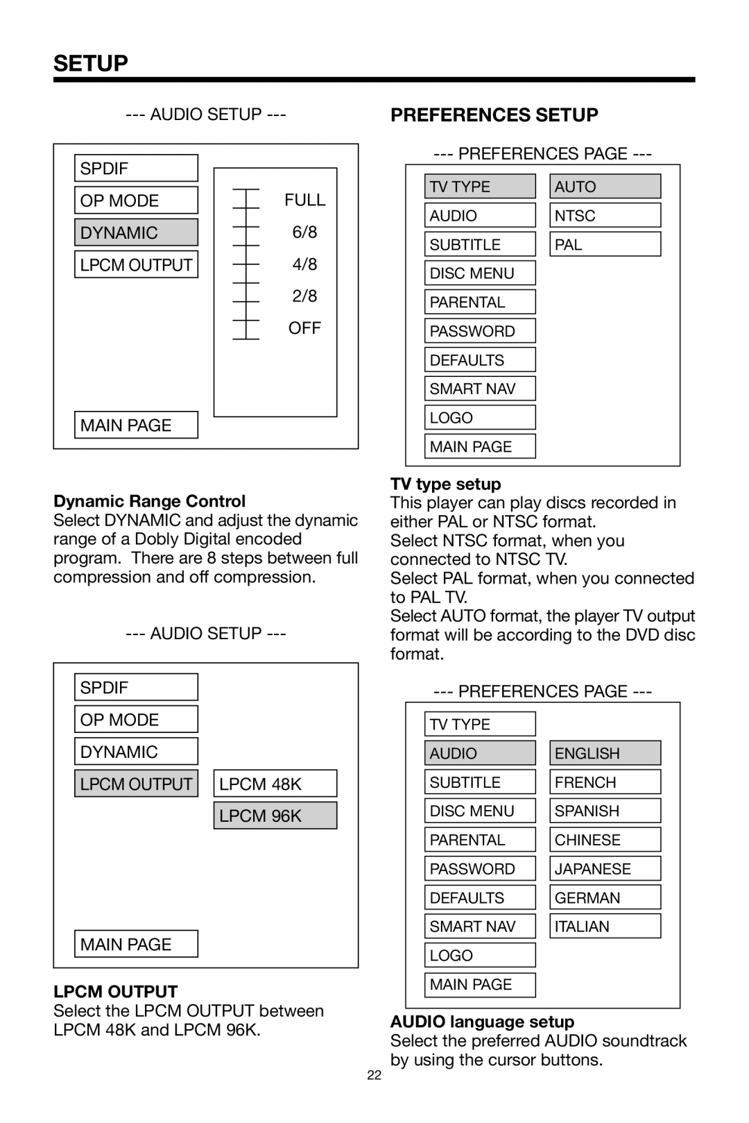 Radio Shack PLRDVD7 owner manual Preferences Setup, Dynamic Range Control, Lpcm Output, TV type setup, Audio language setup 