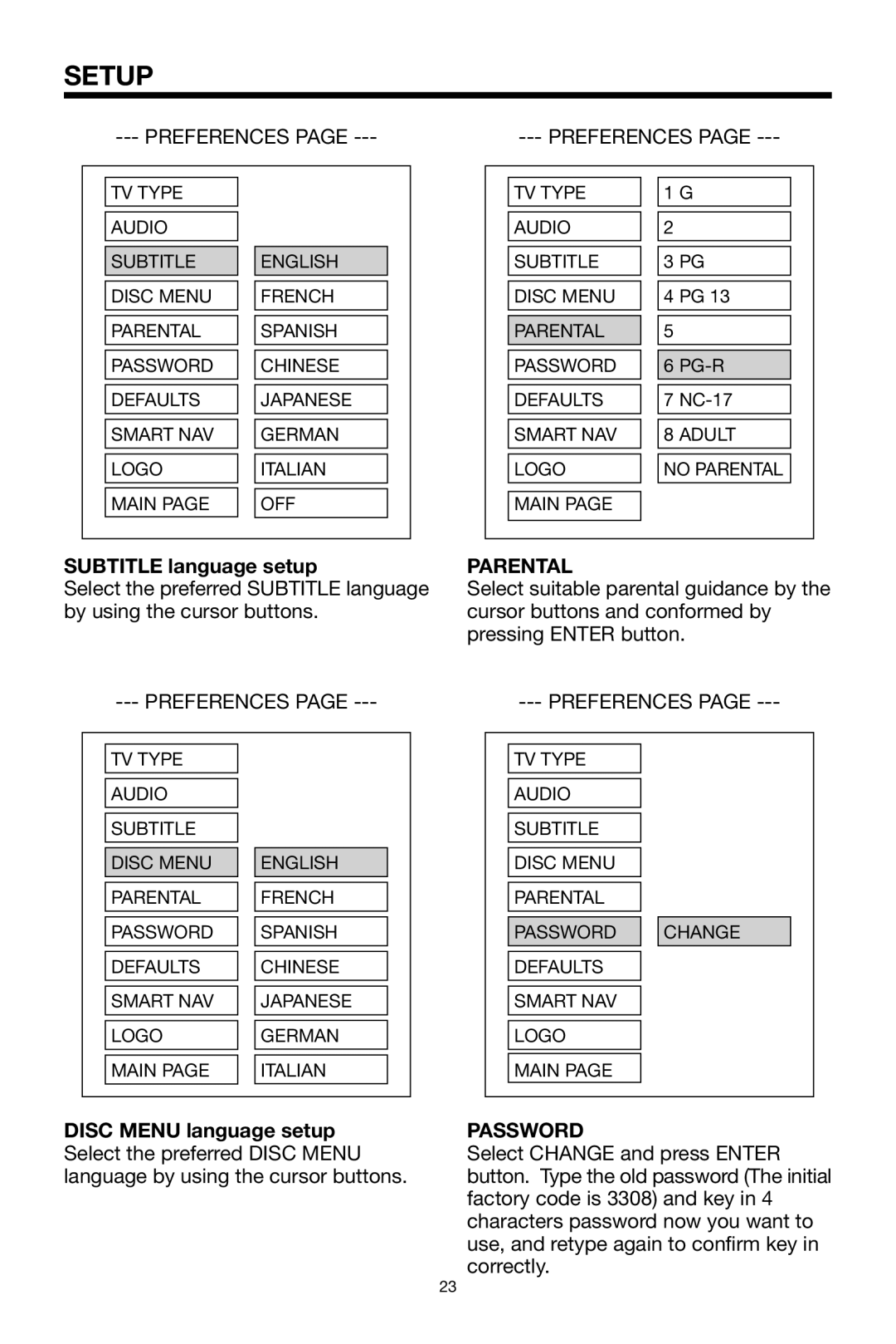 Radio Shack PLRDVD7 owner manual Subtitle language setup, Parental, Password 