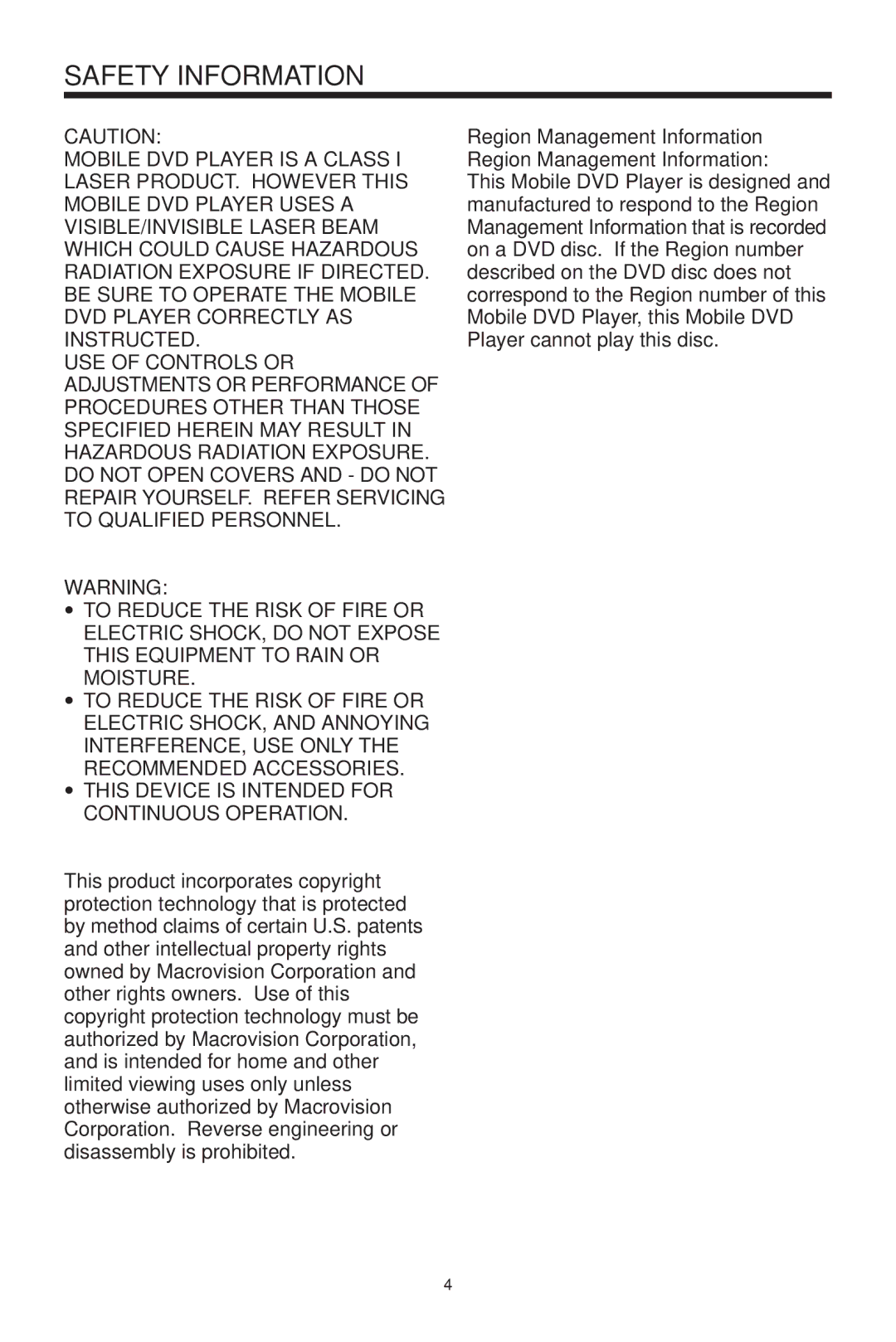 Radio Shack PLRDVD7 owner manual Safety Information, Region Management Information Region Management Information 