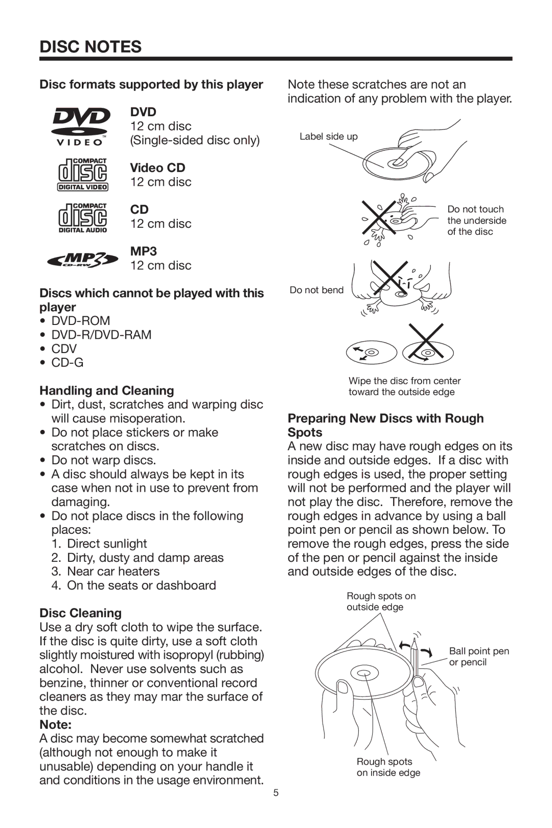 Radio Shack PLRDVD7 owner manual Disc Notes, Dvd, MP3 