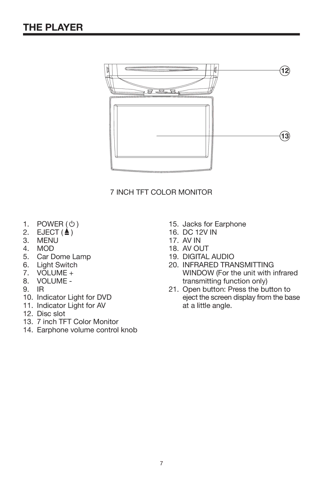 Radio Shack PLRDVD7 Inch TFT Color Monitor, Power, Eject DC 12V Menu MOD AV OUT, Digital Audio, Infrared Transmitting 