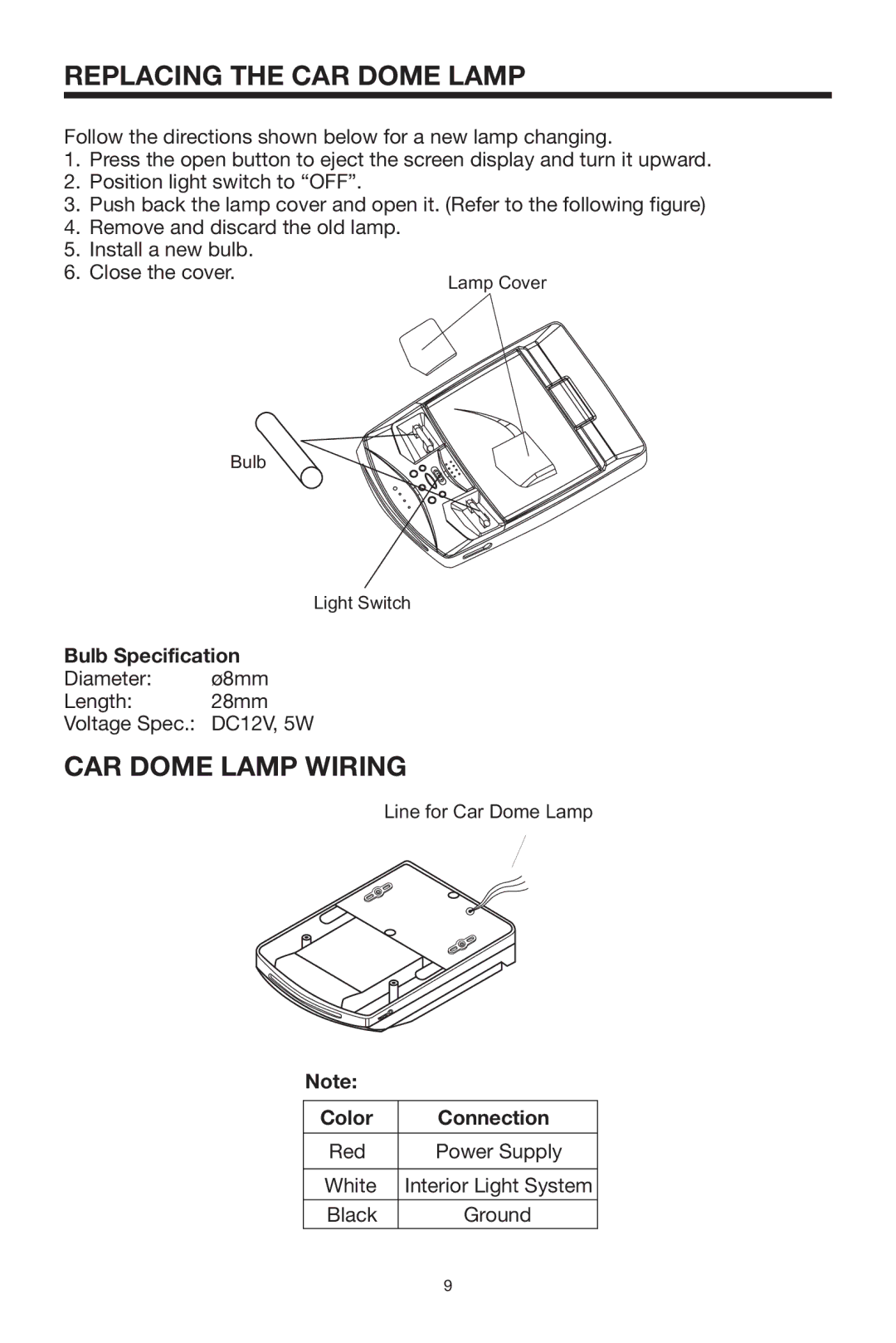 Radio Shack PLRDVD7 owner manual Replacing the CAR Dome Lamp, CAR Dome Lamp Wiring, Bulb Specification, Color Connection 