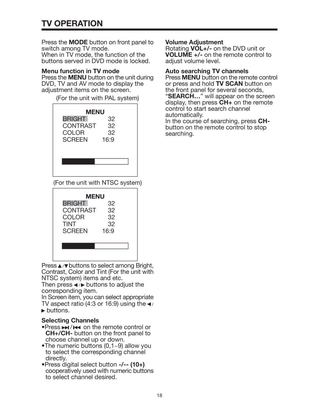 Radio Shack PLTD145 owner manual TV Operation, Menu function in TV mode, Selecting Channels, Volume Adjustment 