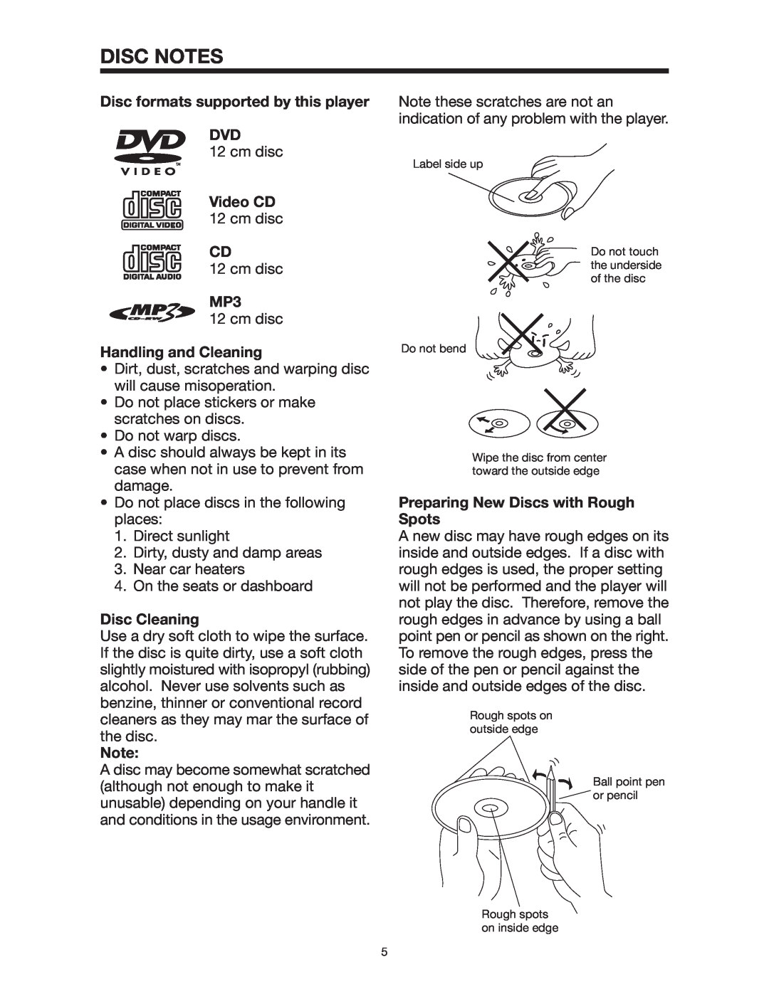 Radio Shack PLTD145 Disc Notes, Disc formats supported by this player DVD, Handling and Cleaning, Disc Cleaning 