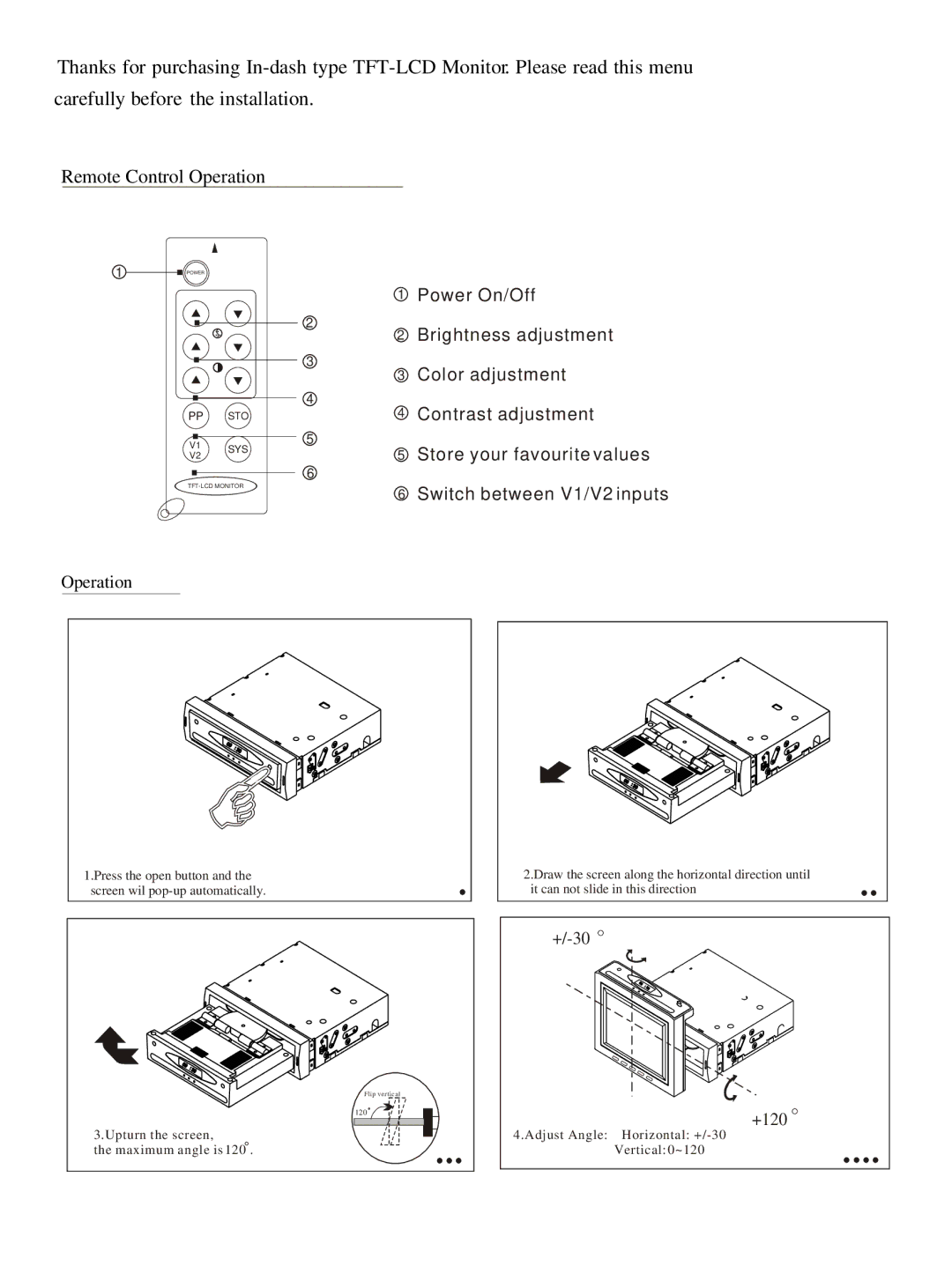 Radio Shack PLVIN60 instruction manual Power On/Off, Brightness adjustment, Color adjustment, Contrast adjustment 