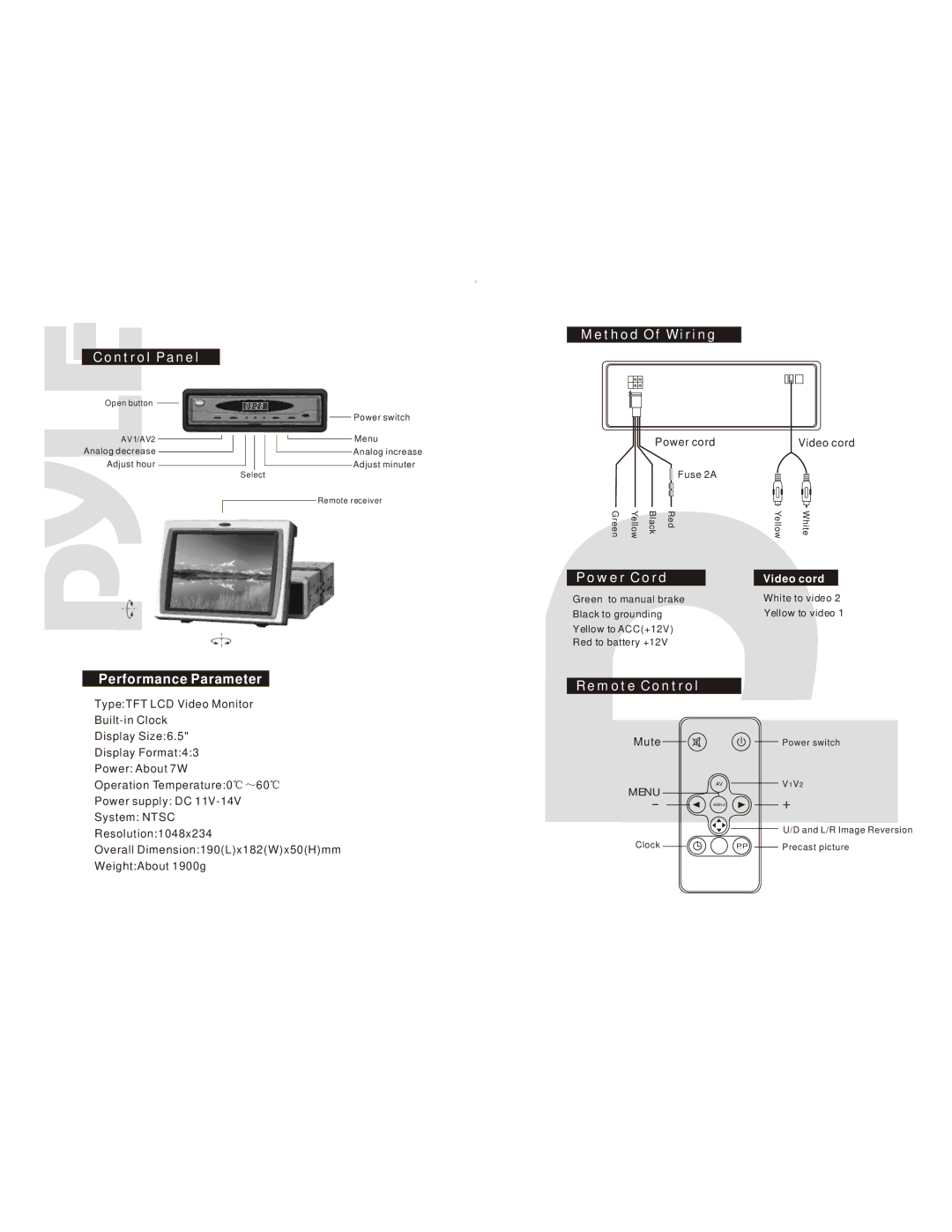 Radio Shack PLVIN65 instruction manual Control Panel, Method Of Wiring, Performance Parameter, Power Cord, Remote Control 