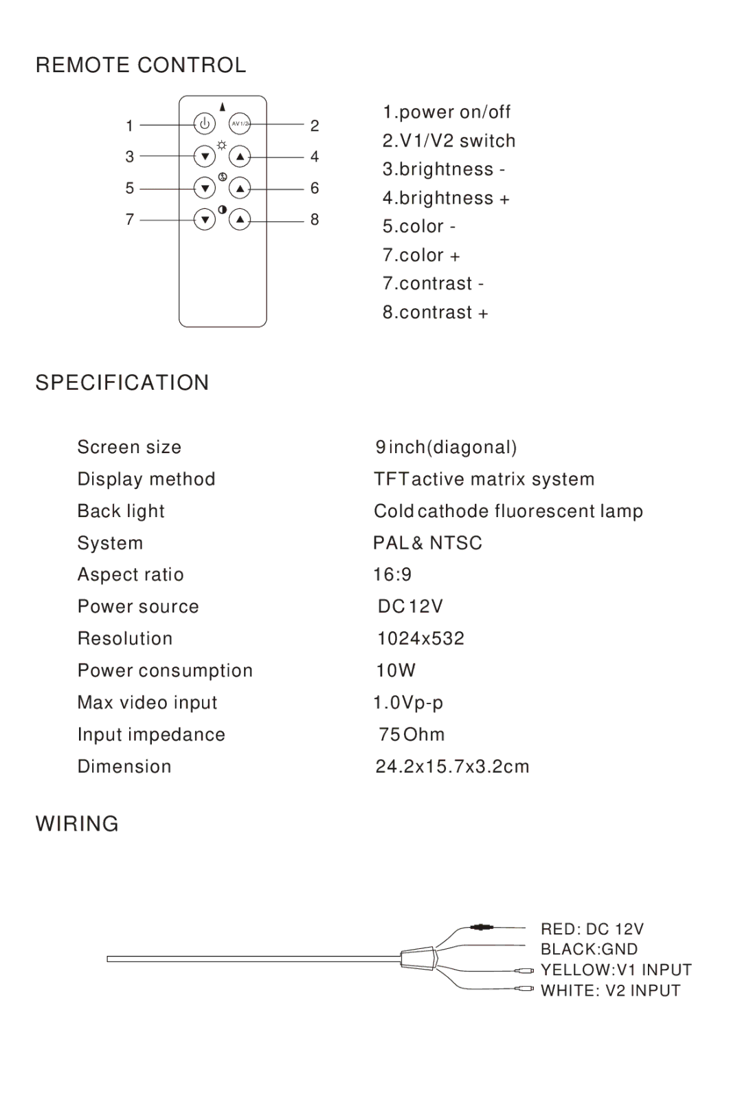 Radio Shack PLVWR900 instruction manual Remote Control, Specification, Wiring 